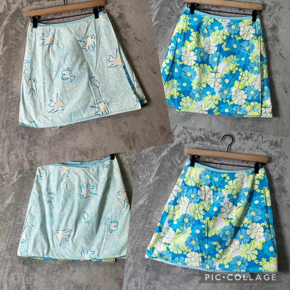 Vintage Lilly Pulitzer Reversible Floral Fish‎ A-Line Mini Skirt Blue Green 2